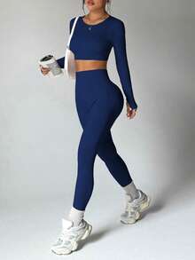 SHEIN Dewbera Conjunto deportivo de top de manga larga y pantalones de cintura alta de unicolor y alta elasticidad para mujer - Azul Marino - Ver 2