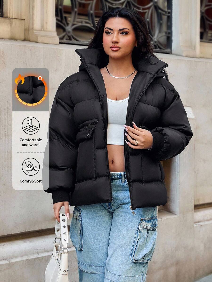 EURMUSE PALOTO NEGRU OVERSIZE FEMEIE MĂRI PLUS CU DETALII DE CAUCUC - Negru - Vizualizare 1
