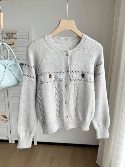 Genkimix Kids Áo khoác cardigan thêu hoa cho bé gái tuổi teen, thường ngày cho mùa thu/đông