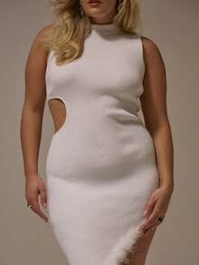 MUSERA Plus Size White Ribbed High Neck Sleeveless Cut Out Waist Asymmetric Hem Fur Trim Dress,Autumn Elegant Silky Festa Winter Night Out Party NYE - White - View 5
