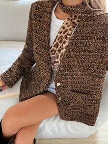 DAZY 女士休闲V领碎花粗花呢常规款外套，秋季女式大衣 - 棕色 - 查看 3