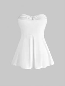 ROMWE Goth 纯色褶皱时尚Y2K性感修身抹胸上衣 - 白色 - 查看 2