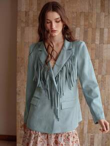 MOTF PREMIUM WOMEN'S ELEGANT FRINGE LAPEL COLLAR BLAZER - Teal Blue - View 7