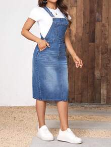 EMERY ROSE Plus Size Women Casual Pocket Design Denim Pinafore Dress - Blue - View 6