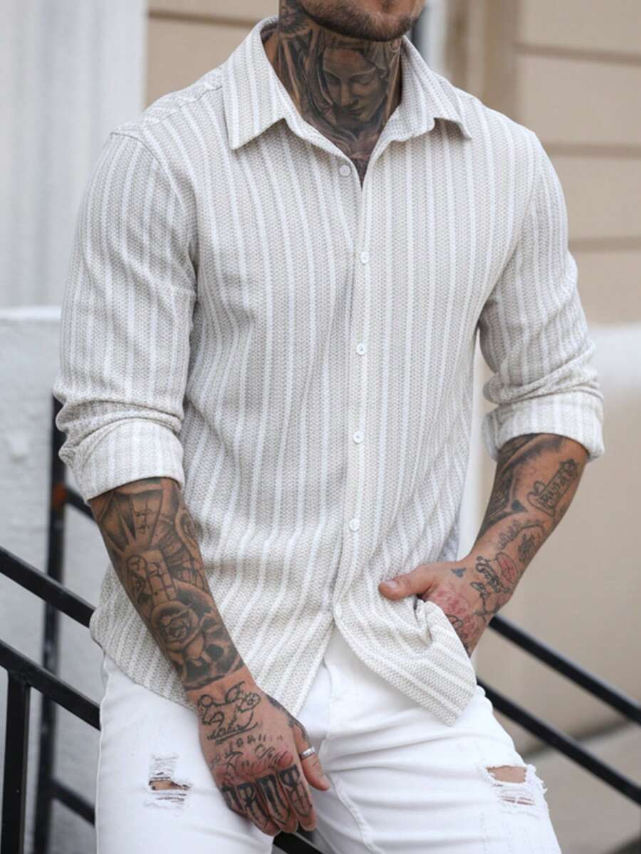 Manfinity CasualCool 男士条纹单排扣休闲/商务长袖衬衫 - 彩色 - 查看 1