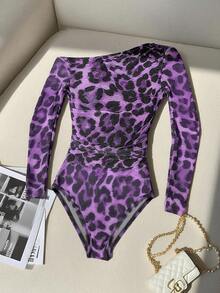 Franclia Damen Mode Leoparden-Muster Mesh transparente Schulter Langarm Bodysuit - Violett - Übersicht 3