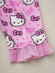 HELLO KITTY AND FRIENDS | SHEIN Baby Girl Cartoon Bow Kitty Cat Allover Print Button Front Top & Pants Pajama Set, Sweet & Lovely, Autumn/Winter Pink Pajama Set Ruffle Trim Pajamas - Pink - View 3