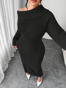 Elenzga 女士加大码宽松长袖毛衣连衣裙，露肩设计，休闲外套，大码，秋冬款 - 黑色 - 查看 1