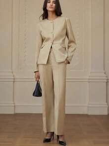 Revavyn 两件套：时尚翻领装饰通勤西装外套和休闲裤 - 卡其色 - 查看 3