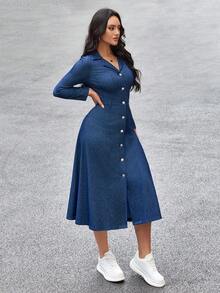 Flexra 女士翻领长袖单排扣休闲通勤牛仔连衣裙 - 藍色 - 查看 4