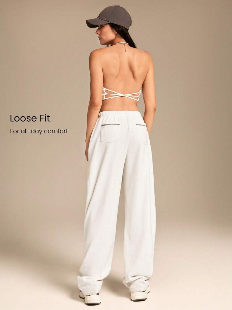 Micro Fleece Cozy Season Soft Warm Contrast Stitching Pockets Adjustable Elastic Waist Slouchy Barrel-Leg Pants Autumn Winter Outdoors Daily Casual Wear