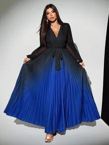 Rafferiza 女式渐变色腰带V领网眼拼布长袖连衣裙 - 彩色 - 查看 6