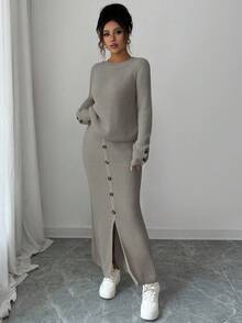 Elenzga Women's Casual Solid Color Sweater And Button-Up Knit Skirt Set, Autumn/Winter - Light Grey - View 6