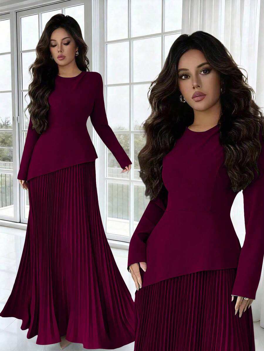 Elenzga Olive Green Asymmetrical Hem Layered Long Sleeve Round Neck Elegant Commuter Versatile Pleated Dress, Autumn/Winter - Burgundy - View 1