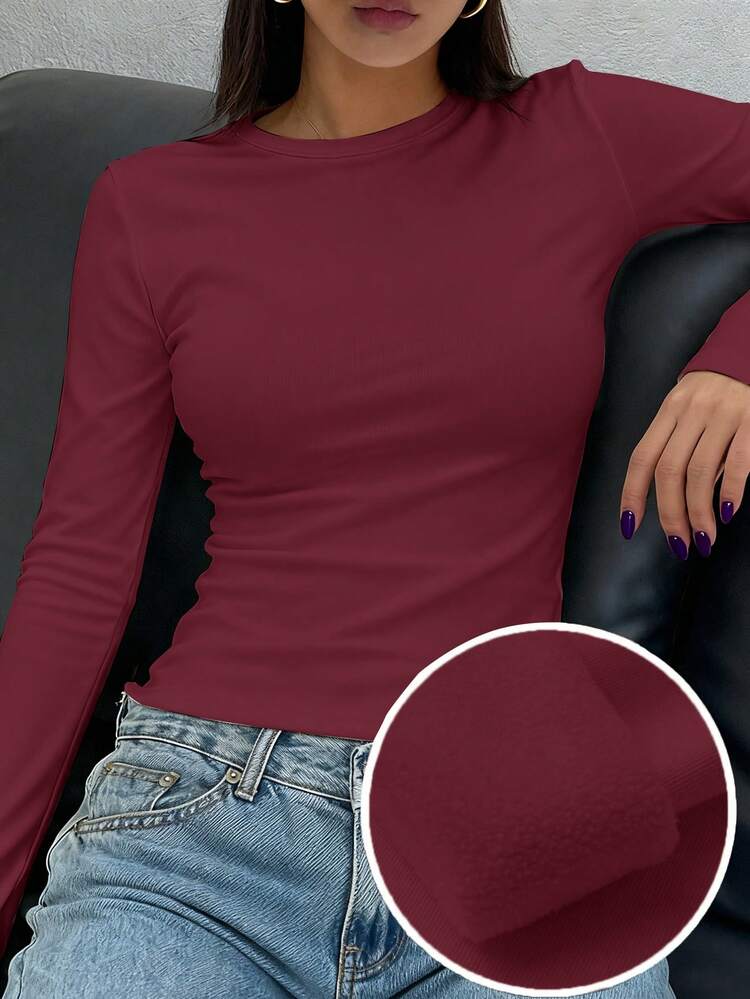 Women's Casual Solid Color Minimalist Round Neck Long Sleeve T-Shirt