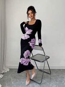 Elenzga Gaun Sweater Bodycon Rajut Jacquard Leher Persegi - Mauve Purple - View 4