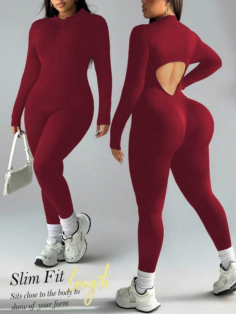 Rhythm Era Plus Size Women Seamless Burgundy Backless Jumpsuit With Long Sleeves - Burgundy - View 1