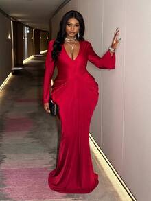 Slaydiva Váy đầm nữ cỡ lớn thu đông 2025, đầm cocktail ôm sát tay dài cổ chữ V thanh lịch, thích hợp cho buổi hòa nhạc nhạc đồng quê, khách dự tiệc cưới, đêm hẹn hò, ngày lễ tình nhân, tiệc trang trọng - Đỏ - Xem 5