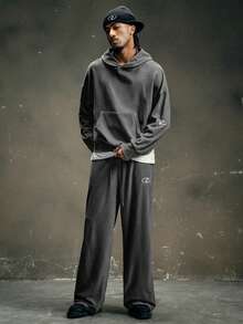 AXEPEAK Men's 2 Pieces Hooded Suit, Polar Fleece Fabric, LOGO Silver Embroidery Pattern, Autumn And Winter Two Pieces Suit - Grey - View 4