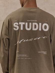 Long Sleeve Oversized Crew Neck "MUSERO STUDIO" Graphic Slogan Print Tshirt Essentials Spring&Summer - Camel - View 5