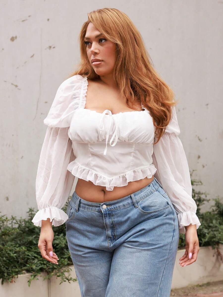 MelDlgn Plus Size Vintage Women'S Sweetheart Neckline Shirt With Ruffled Sleeves - White - View 1