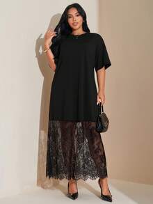 SHEIN Tall CURVE 大码纯色宽松休闲短袖T恤和蕾丝连衣裙，时尚外出和通勤 - 黑色 - 查看 6