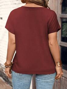 SHEIN LUNE Plus Size Women Striped V-Neck Button-Up Short Sleeve T-Shirt - Burgundy - View 2
