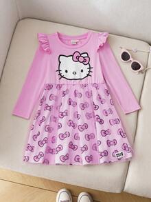 HELLO KITTY AND FRIENDS | SHEIN 年轻女孩甜美可爱印花圆领长袖网眼蝴蝶结全身印花喇叭下摆针织粉色连衣裙 - 粉色 - 查看 3