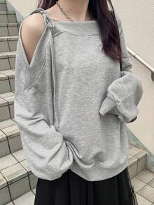 FRIFUL 女士标语印花露肩长袖宽松休闲T恤 - 灰色 - 查看 4