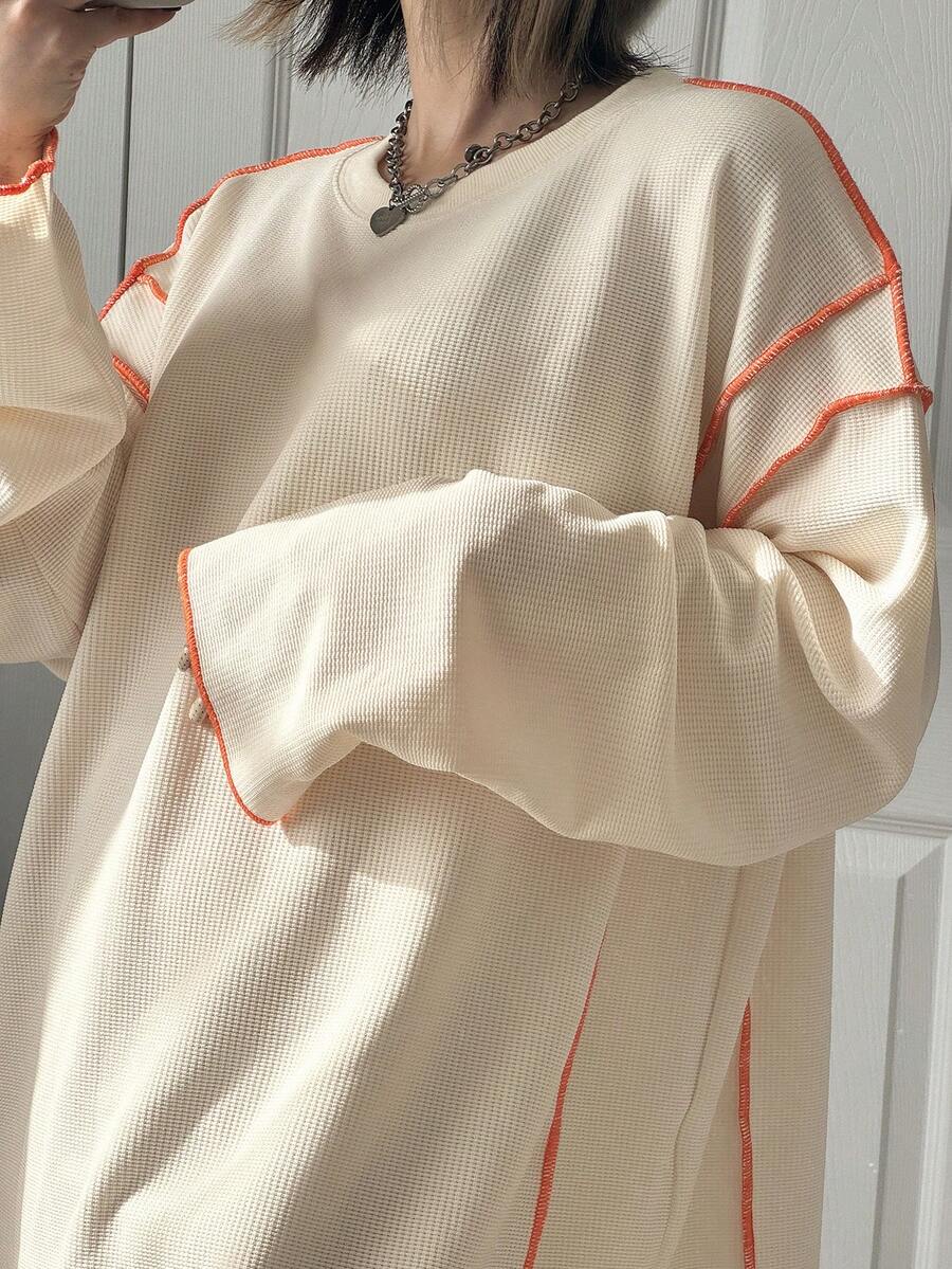 FRIFUL Women's Casual Loose Fit Round Neck Drop Shoulder Long Sleeve T-Shirt - Apricot - View 1