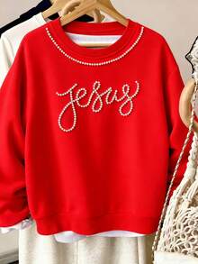 Resyla Women's Faux Pearl Bow Decor Casual Round Neck Sweatshirt, Suitable For Autumn/Winter, Daily Commute, Outdoor, Women's Gifts, Siblings Gifts, Sisters Gifts, Mom Gifts, Mother's Day Gifts - Red - View 3