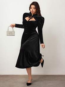 Enliva 加大码丝绒羊腿袖连衣裙，立领，蝴蝶结，秋冬/圣诞节女士优雅派对礼服，适合圆润身材，苹果型身材亦可驾驭，情人节、爱情、礼物、浪漫、情人节快乐、2026、新年装扮/2026/新年 - 黑色 - 查看 6