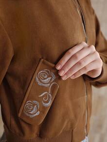 MOTF PREMIUM WOMEN'S AUTUMN/WINTER SUEDE EMBROIDERY FLORAL SHORT JACKET - Brown - View 3