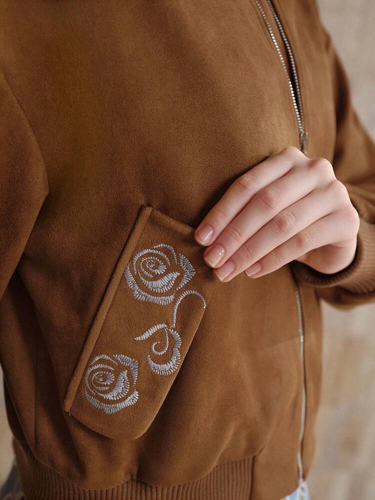 WOMEN'S AUTUMN/WINTER SUEDE EMBROIDERY FLORAL SHORT JACKET