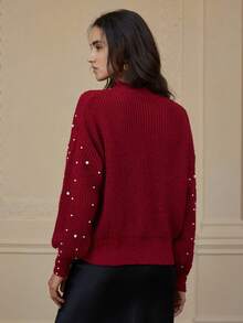 BELROSIE Beaded Lantern Sleeve Pullover Sweater - Red - View 2