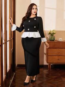 Auvina Plus Size Contrast Color Round Neck Long Sleeve Top And Fitted Skirt 2 Pieces Set - Black - View 4