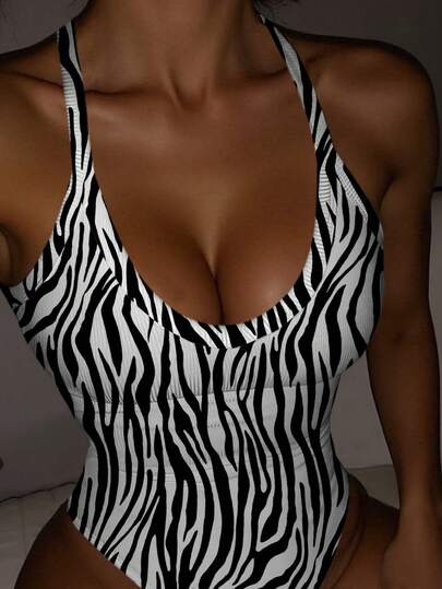 Rovax Women's Fashionable Sexy Zebra Print Bodysuit, Summer