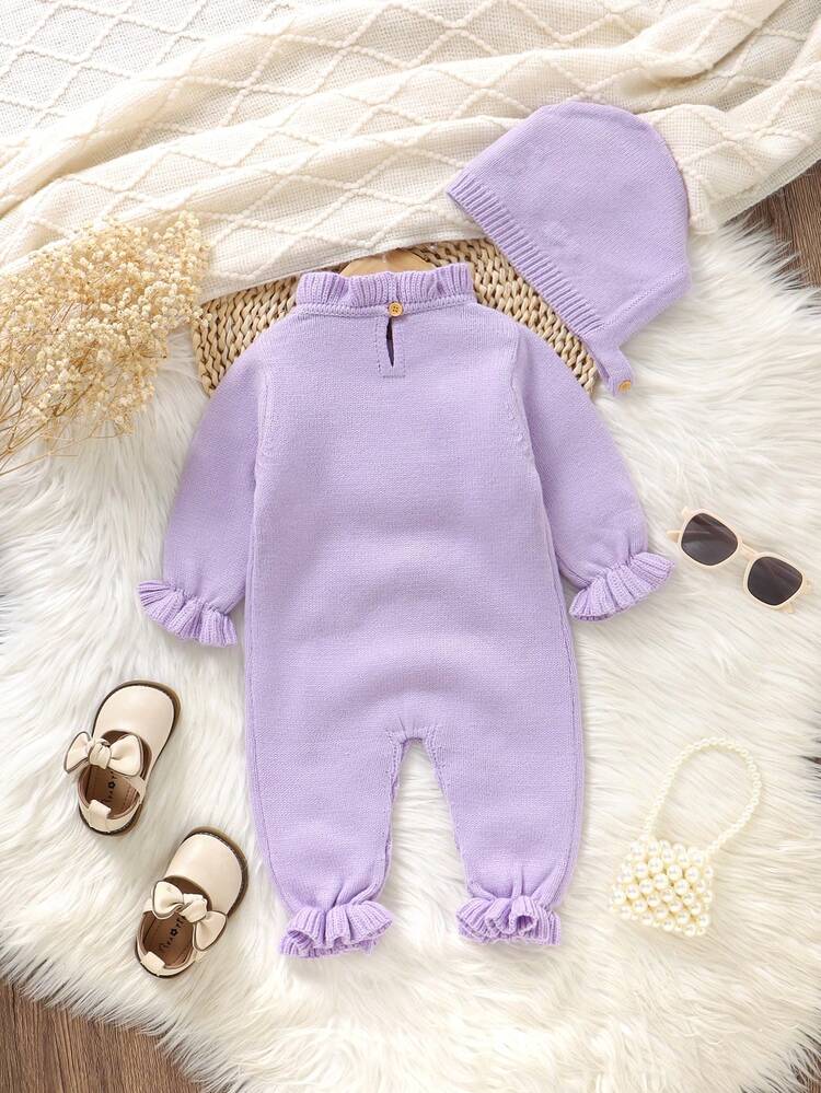 SHEIN Vintaside Kids 两件套婴儿米色套装：花卉刺绣毛衣连体衣+帽子，时尚可爱 - 淺灰紫 - 查看 7