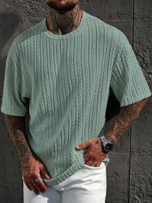 Manfinity CasualCool 男士休闲纯色纹理短袖T恤，夏季男士针织上衣针织衫男士休闲上衣男士时尚上衣 - 綠色 - 查看 3