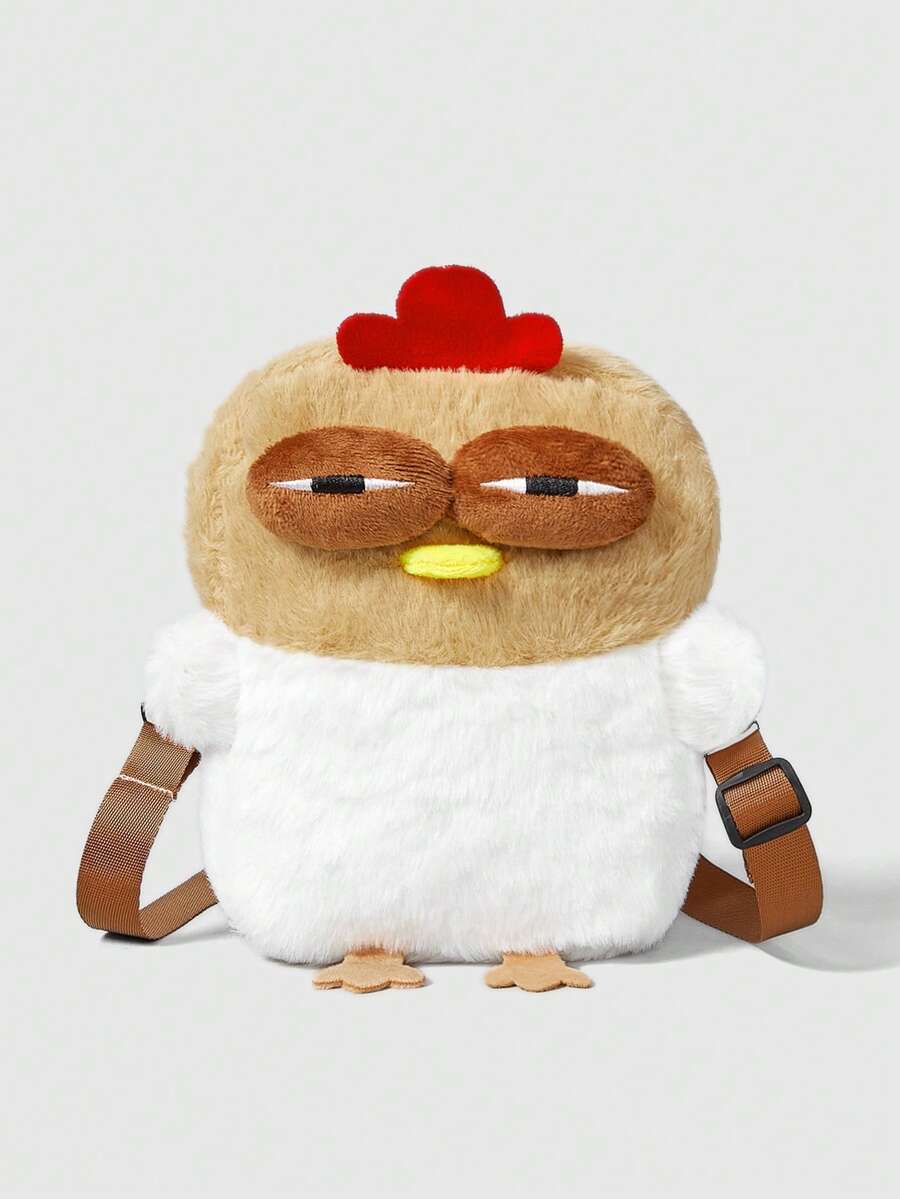 ROMWE Kawaii 可爱咯咯鸡毛绒斜跨包可爱小收纳包手机包个性零钱包卡通公仔单肩包舞会派对纸巾口红收纳袋生日礼物 - 白棕色 - 查看 1