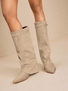 Daringsoles 女式尖头粗跟绒面西部流苏靴，修身高筒靴 - 米色 - 查看 3