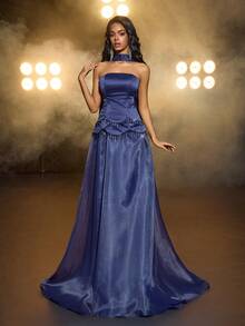 Glamrae Elegante e lussuoso abito blu in raso e organza con ricami di nappine e catene in cristallo lavorati a mano, con corpetto senza spalline 2 in 1 e gonna a-line fluente con strascico. Perfetto per appuntamenti, feste, occasioni formali, matrimoni o abiti da sera (lavorazione pregiata). - Blu - Visualizzare 6