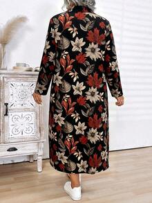 SHEIN 大码前扣长袖豹纹休闲长连衣裙女装 - 黑色 - 查看 2