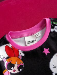 THE POWERPUFF GIRLS X SHEIN 两件套少女可爱花朵、泡泡、毛茛图案圆领插肩长袖上衣和打底裤针织休闲睡衣套装 - 黑色 - 查看 4