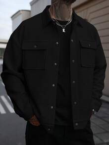 Manfinity CasualCool Men's Casual Solid Color Jacket, Versatile For Spring And Autumn Black Shacket Men Button Up Jacket Men Men Shacket - Black - View 5