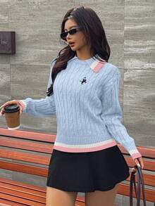 Ritzy Row Women's Embroidered Contrast Color Sweater, Autumn/Winter - Blue - View 4