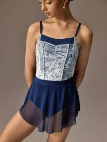 SHEIN 少女海军蓝芭蕾舞紧身衣和裙子套装，修身紧身可调节高端天鹅绒拼接高弹力面料，搭配柔软网眼裙，优雅的芭蕾舞裙 - 藏蓝色 - 查看 7