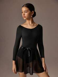 SHEIN Justaucorps de ballet à manches longues noires avec dos ajouré et jupe en tulle pour adolescentes, combinaison de danse de ballet à 4 voies extensible et très élastique