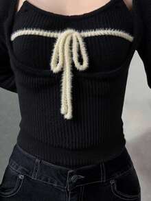 FRIFUL 女式杏色纯色内袋无袖夹克，长袖撞色抽绳蝴蝶结针织毛衣两件套，秋季