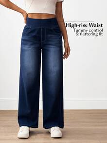 Flexra Quần Jeans Ống Rộng Túi Cạp Cao Cho Nữ Kiểu Dáng Thường Ngày Đa Năng - Rửa tối - Xem 4